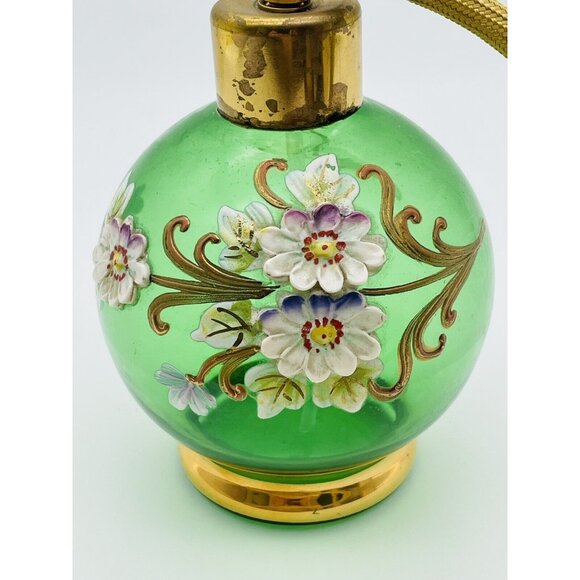VTG PERFUME ATOMIZER EMERALD GREEN GLASS GOLD ACCENT FLOWERS CZECHOSLOVAKIA - Picture 4 of 7